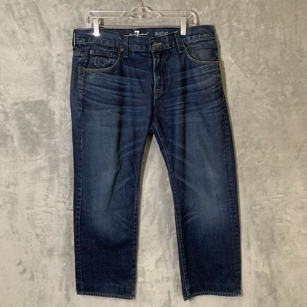 7 For All Mankind Jeans Austyn Men 33x26.5 USA Made Whiskered Blue Denim READ